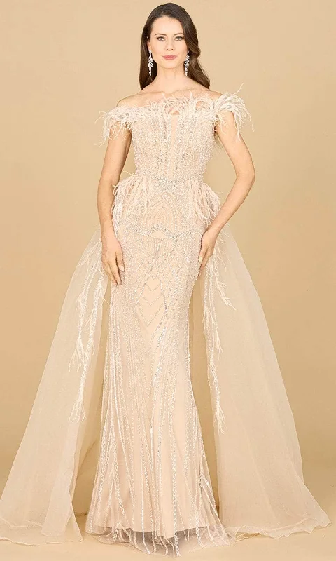 Cozy Shirts Lara Dresses 29161 - Off-Shoulder Feather Detailed Evening Gown