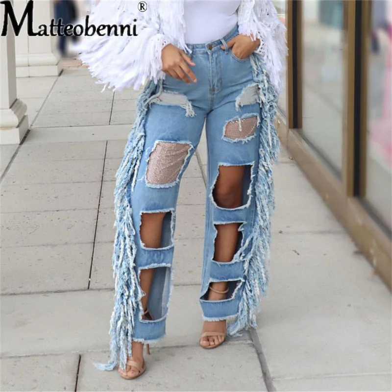 Relaxed Weekend Wear Ripped Hole Jeans Women Vintage Straight Jean Trousers Ladies High Waist Tassel Hollow Out Casual Wide Leg Denim Pants Female
