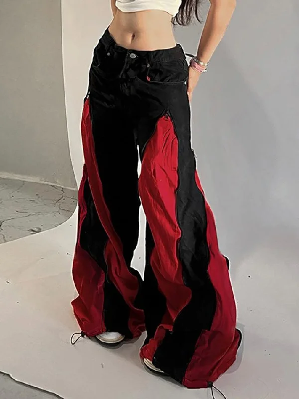 Relaxed Chic Zip Patchwork Contrast Low-Rise Loose Jeans