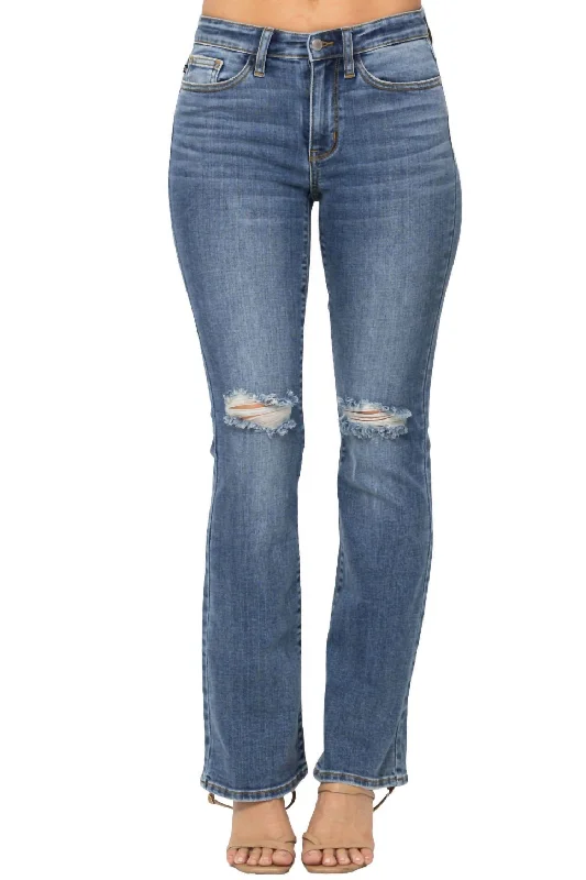 Simple Chic Destroyed Knee Mid-Rise Boot Cut Jean In Medium Wash