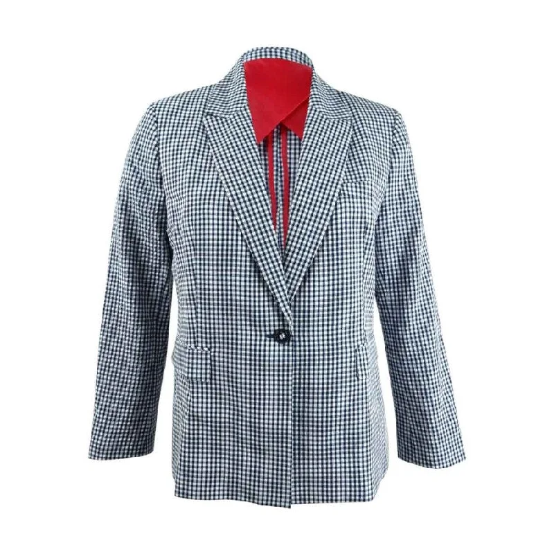 Versatile Style Nine West Women's Gingham-Print Blazer (16, Navy/White)