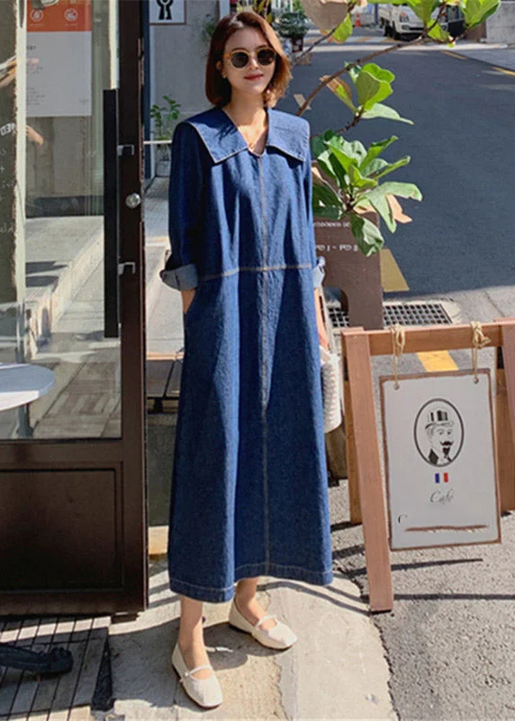Soft Fabric Looks Loose Denim Blue Peter Pan Collar Patchwork Pockets Dress Long Sleeve