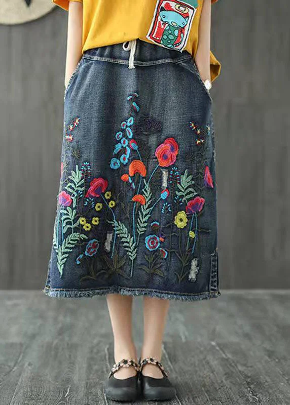 Soft Clothing Boho Dark Blue Embroideried Tasseled A Line Summer Skirts Denim