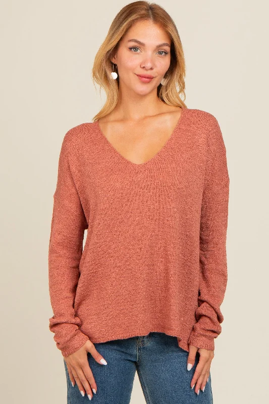 Soft Comfort Wear Rust V-Neck Basic Sweater
