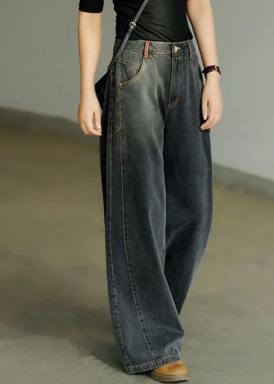 Trendy Layers Casual Black High Waist Zip Up Draping Pockets Cotton Denim Wide Leg Pants Summer