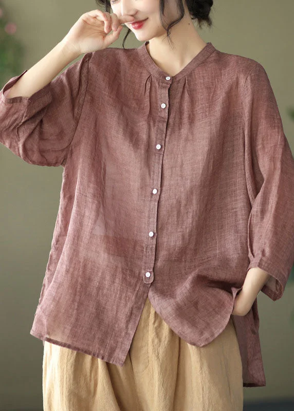 Warm Wear Chocolate Solid Patchwork Linen Shirt Top Wrinkled Bracelet Sleeve