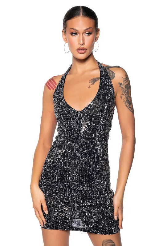 Weekend Comfort Wear SHES GLOWING RHINESTONE MINI DRESS IN BLACK