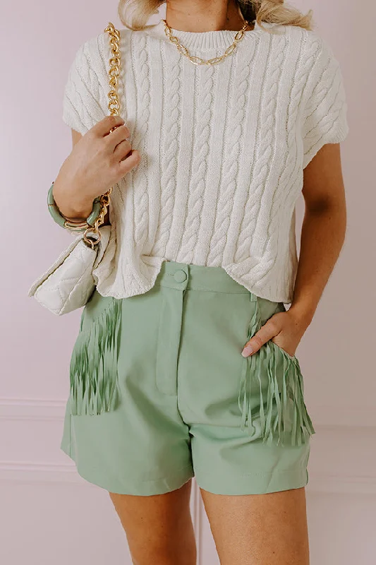 Versatile Style The Queenie High Waist Fringe Shorts in Sea Glass