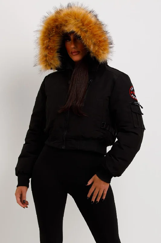 Soft Tops Canada Crop Bomber Jacket With Fur Hood Black