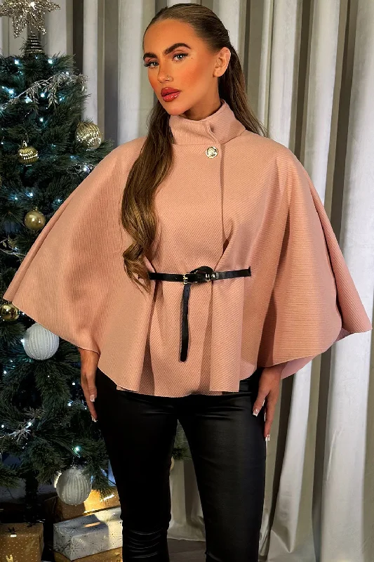 Casual Comfort Cape With Belt Pink