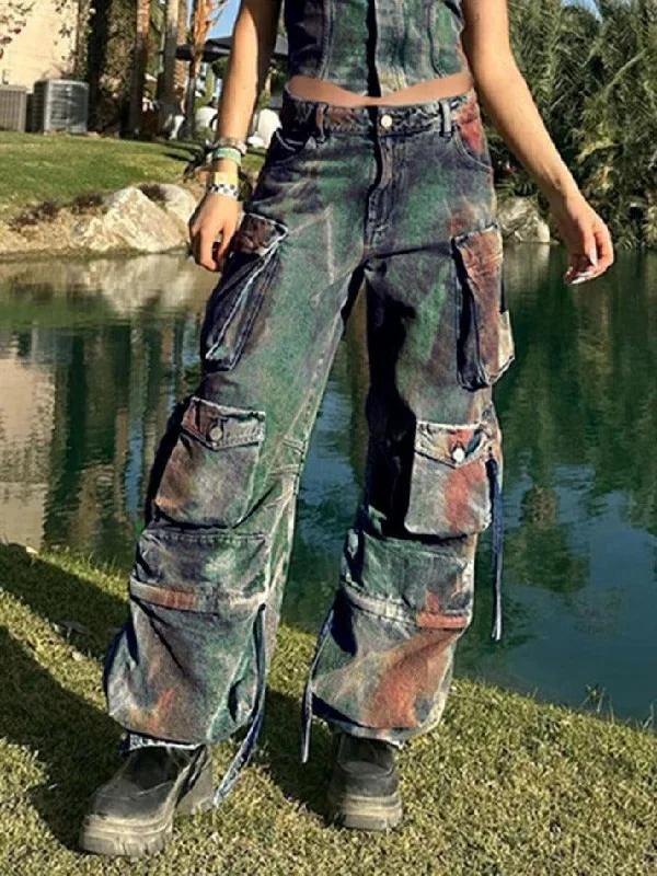 Comfortable Tops Vintage Tie Dye Multi Pocket Cargo Jeans
