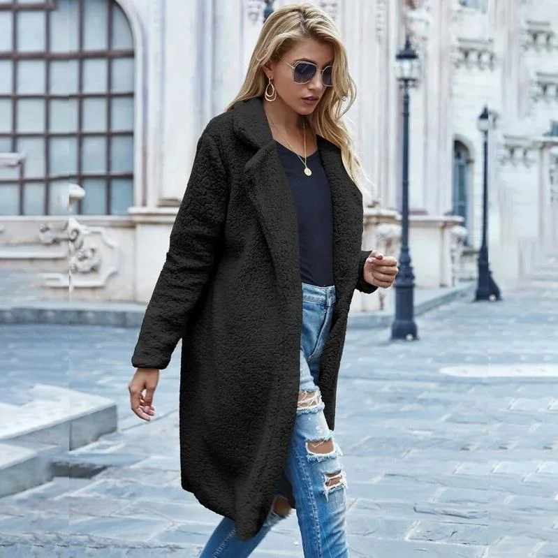 Elegant Casuals Faux Shearling Open-Front Longline Teddy Coat