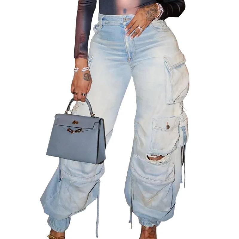 Simple Chic Fashion Washed Process Worn Out Cargo Jeans Women with Pockets Cotton Vintage Casual Denim Pants Women High Street Y2k Trousers