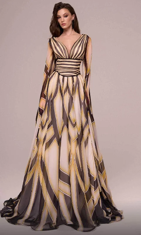 Cozy Lounge Wear MNM Couture F02862 - Printed Long Cape Sleeve Evening Gown