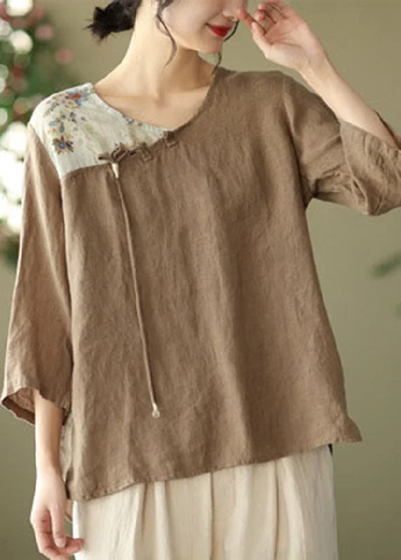 Cozy Outerwear Chocolate Print Linen Shirt Tops Asymmetrical Tassel Bracelet Sleeve