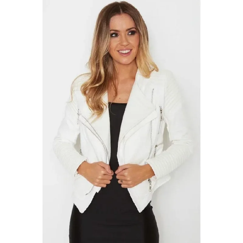 Stylish Ease ALISSA VEGAN LEATHER BIKER JACKET- WHITE