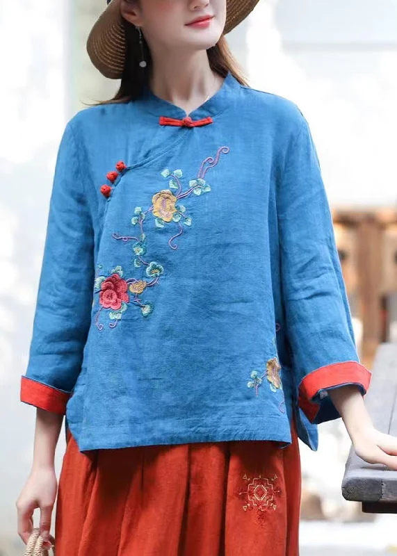 Elegant Wear Chinese Style Blue Stand Collar Embroideried Linen Blouse Tops Long Sleeve