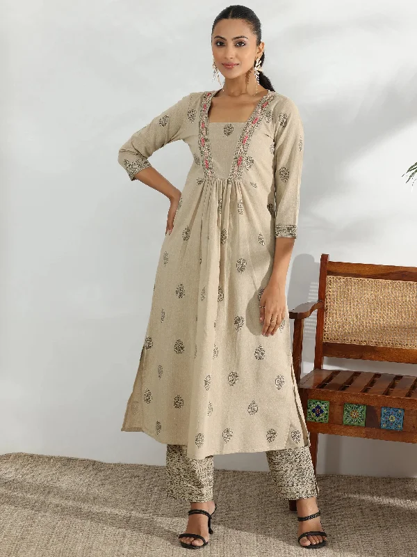Comfy Dress Beige Printed Cotton Blend A-Line Kurta With Trousers