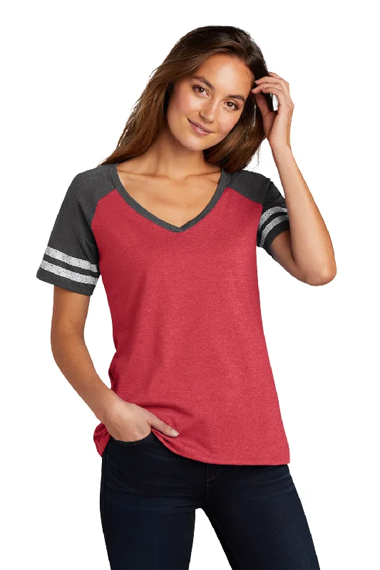 Versatile Casuals District Womens Game Short Sleeve V-Neck T-Shirt - Heather Red/Heather Charcoal Grey