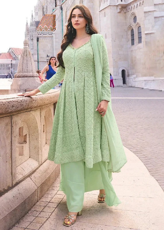 Trendy Comfort Wear Impeccable  Embroidered Light Green Anarkali Style Sharara Suit