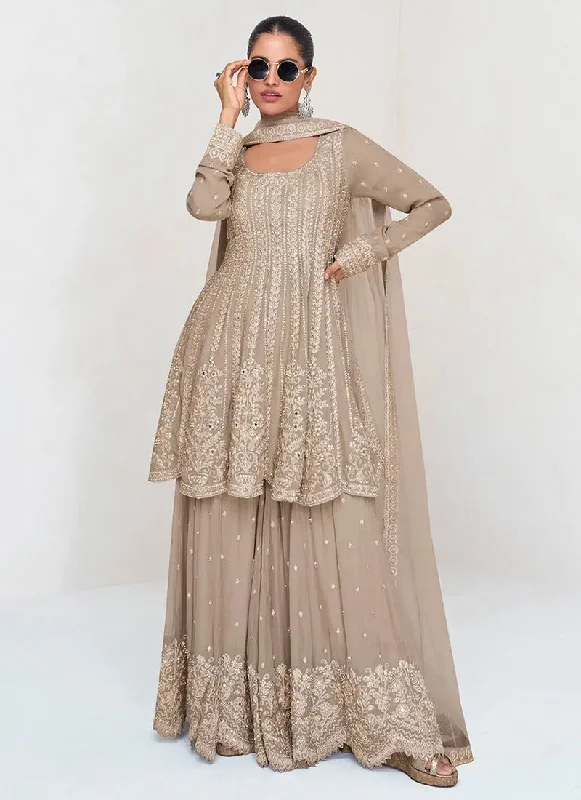 Stylish Ease Passionate Beige Colored Embroidered Designer Sharara  Suit