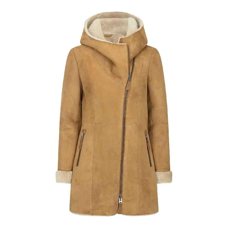 Everyday Outfits Women's 3/4 Mid Length Sheepskin Camel Cream Toscana Suede Hood Coat