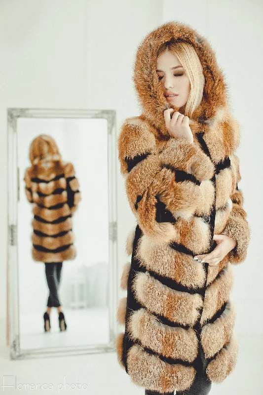 Easy Comfort Style Red&Black Fur Coat with Hood