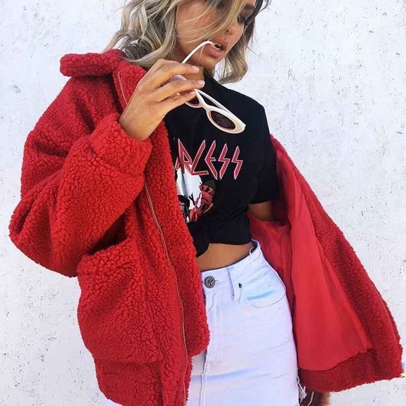 Versatile Style Oversized Teddy Bear Zipup Jacket - Red