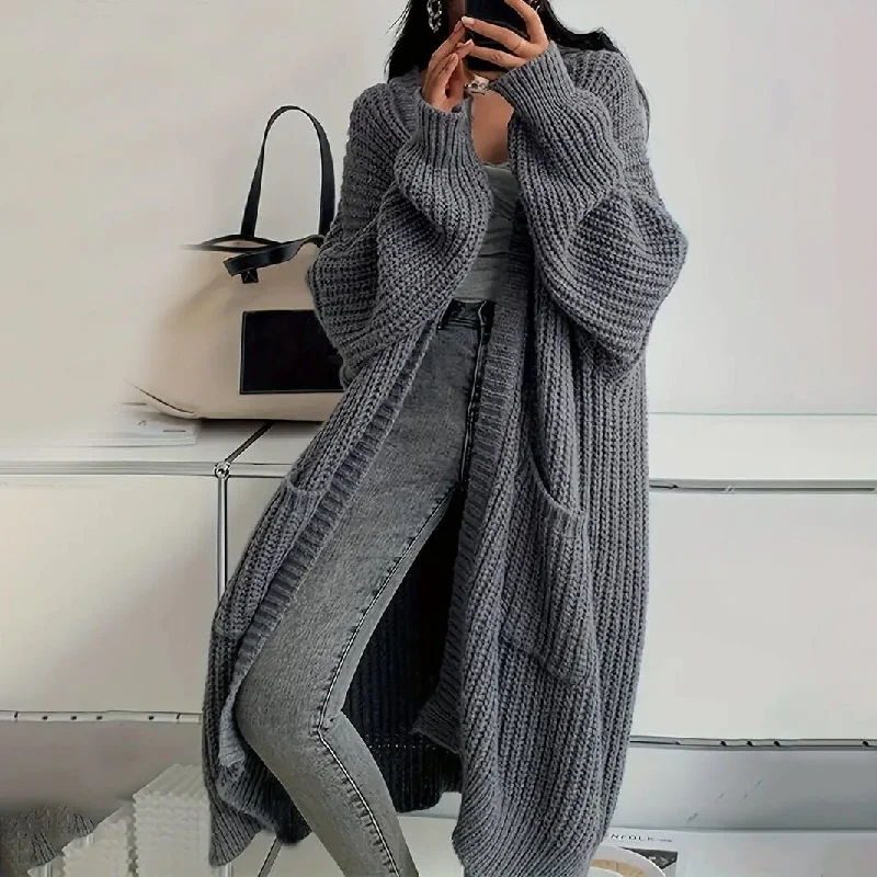 Warm Chic Casual Long Sleeve Drop Shoulder Long Length Outwear Cardigan