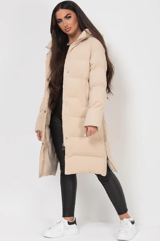 Cozy Fit Wear Long Puffer Coat With Side Zip Beige