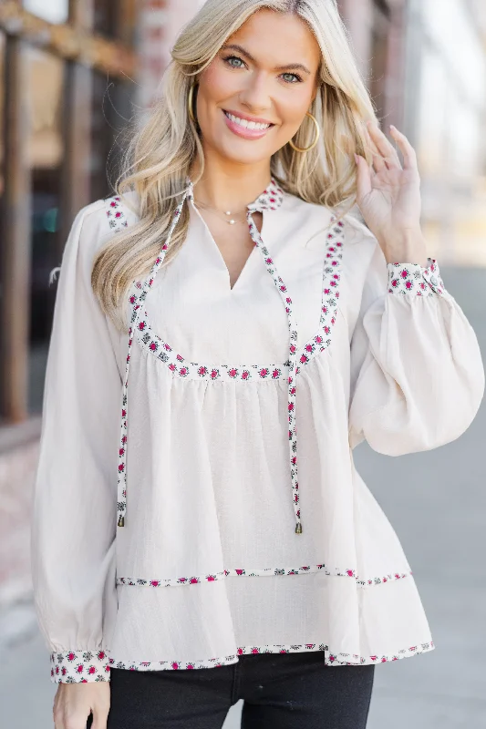 Versatile Casuals On The Run Ecru Floral Trim Blouse