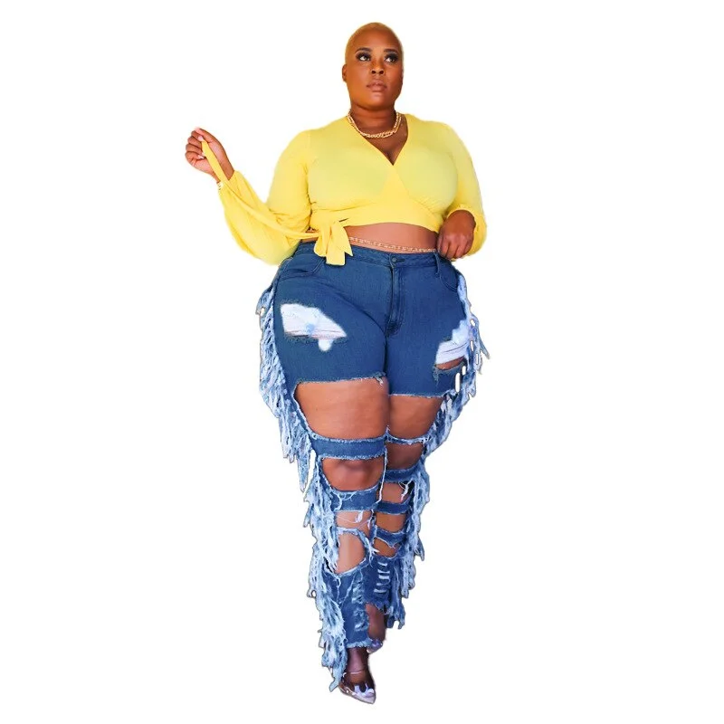 Relaxed Clothing Adogirl Side Tassel Holes Jeans Pencil Pants Women Sexy Distressed Hollow Out Tight Denim Trousers Fashion Streetwear
