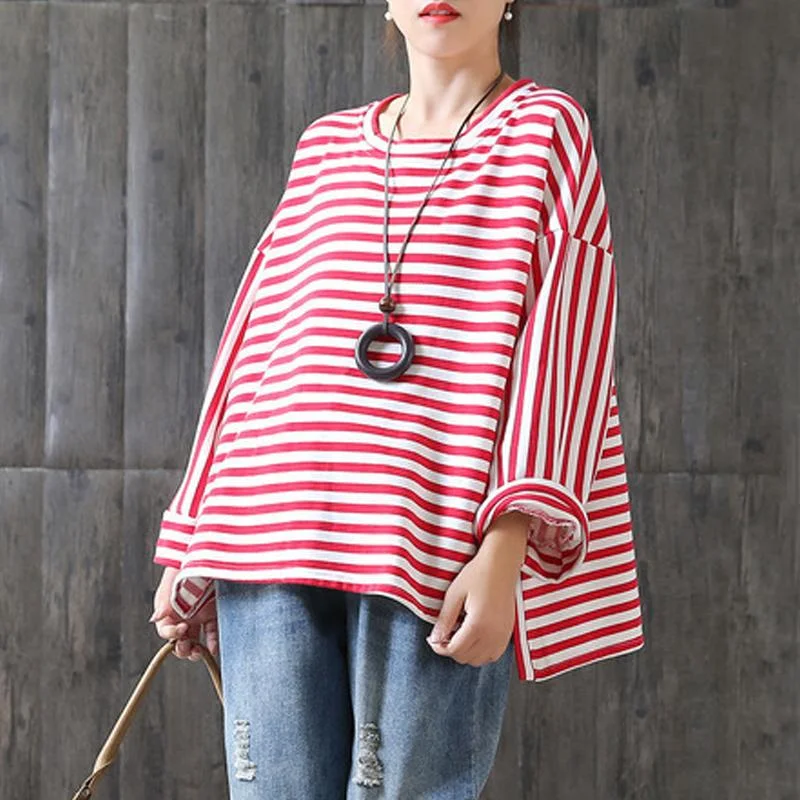 Comfortable Fashion Looks DIY cotton clothes Omychic New Loose Stripe Cotton Plus Size T-shirt