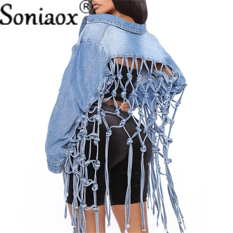 Stylish Jackets Fashion Denim Jacket Women Autumn 2021 New Fit Crop Tops Back Grid Hollow Out Tassel Design Long Sleeve Jeans Coat Streetwear