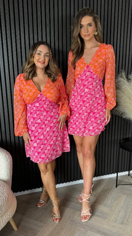 Comfortable Sweaters Patrice Orange & Pink Contrast Print Long Sleeve Mini Dress