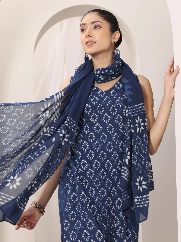 Casual Comfort Indigo Printed Cotton Straight Suit Set With Dupatta