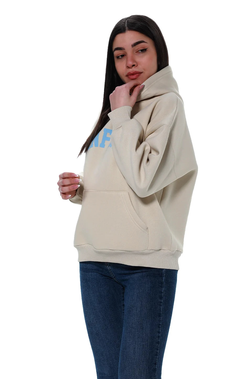 Versatile Outfits Beige Fleeced Hoodie With Front Printed Design