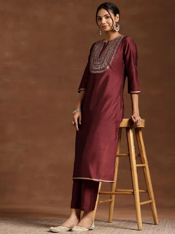 Smart Comfort Wear Maroon Yoke Design Silk Blend Straight Kurta Set
