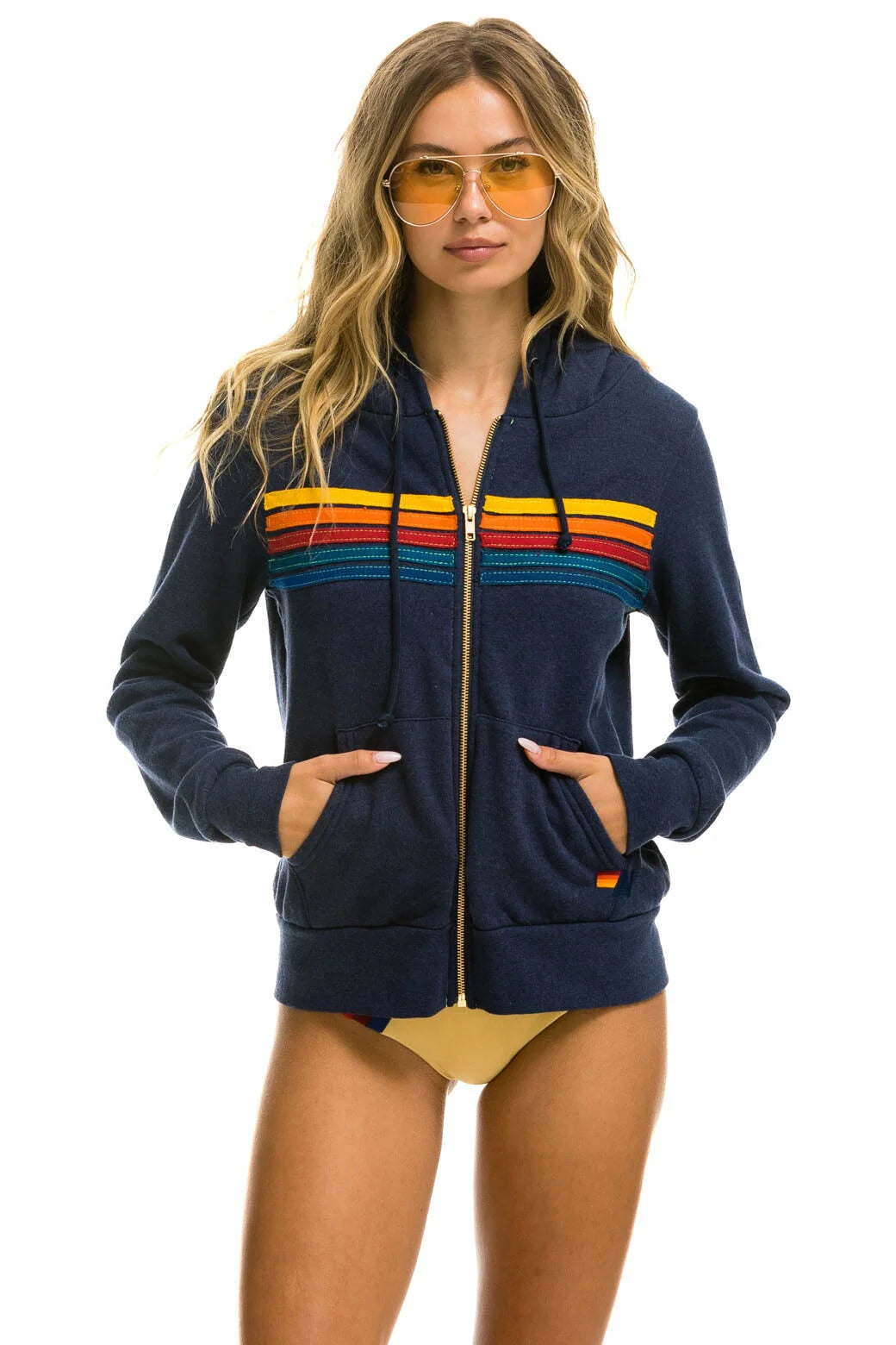 Comfortable Jeans 5 Stripe Hoodie Zip Hoodie Navy