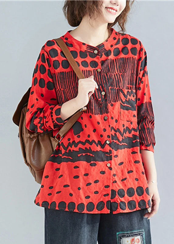Soft Textures Boho Red O-Neck Button Print Pockets Fall Blouses Long sleeve