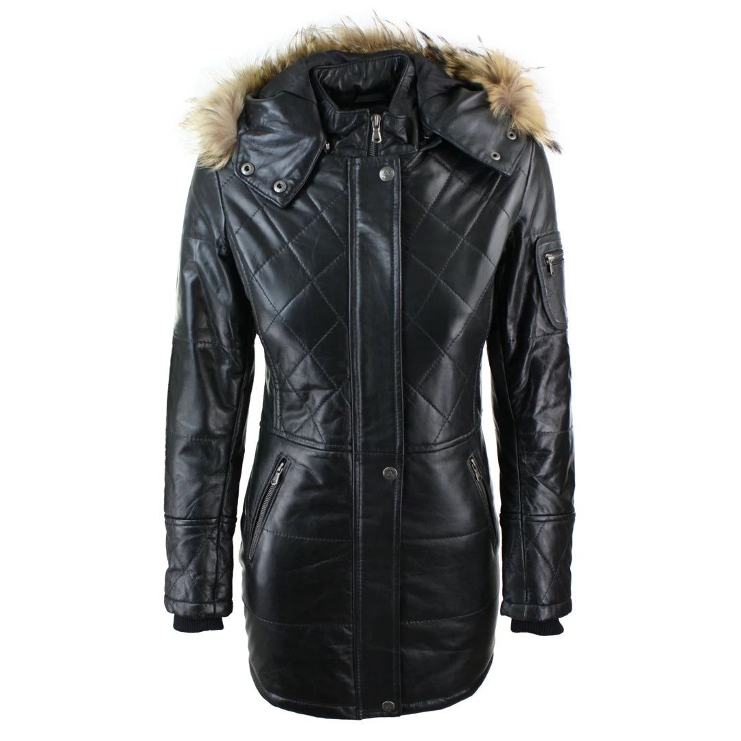 Light Dressing Women's Tan Brown Fur Hooded Parka Leather Jacket Winter Coat