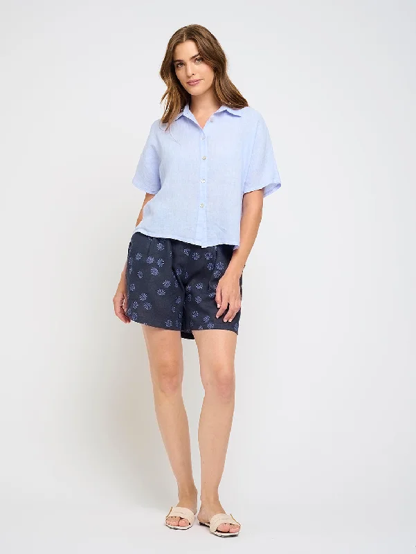 Cozy Chic Wear Short Sleeve Linen Blouse - Sky Blue