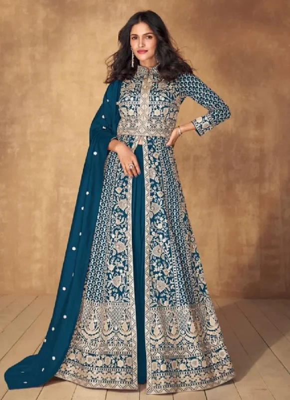 All-Day Style Beautifully Embroidered Silk Anarkali Gown in Dark Blue