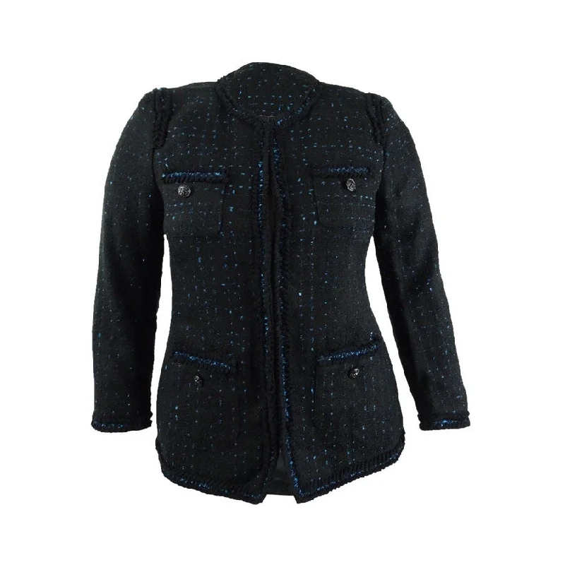 Chic Outfits Anne Klein Women's Metallic Ruffle-Trim Blazer (8, Anne Black/Spruce)