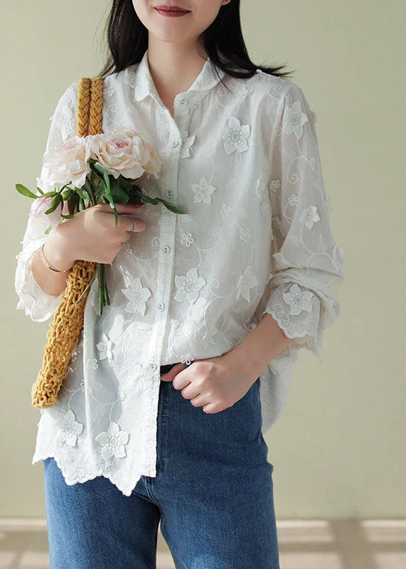 Warm Wear Fitted White Peter Pan Collar Floral Cotton Top Spring
