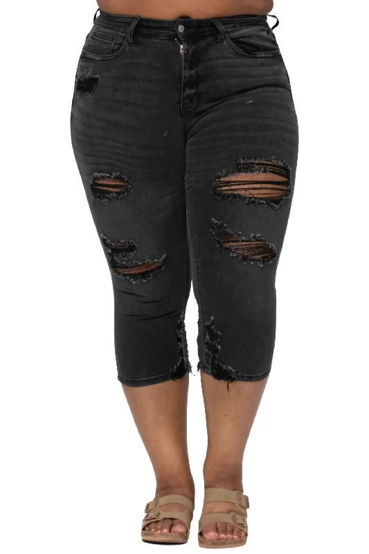 Trendy Layers Destroyed Skinny Capri In Black