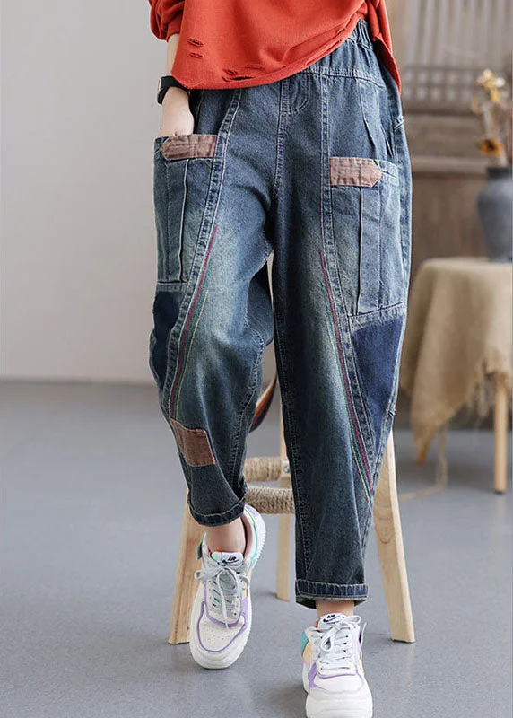 Comfortable Lounge Wear Women Blue Pockets Patchwork Casual Fall Denim Pants