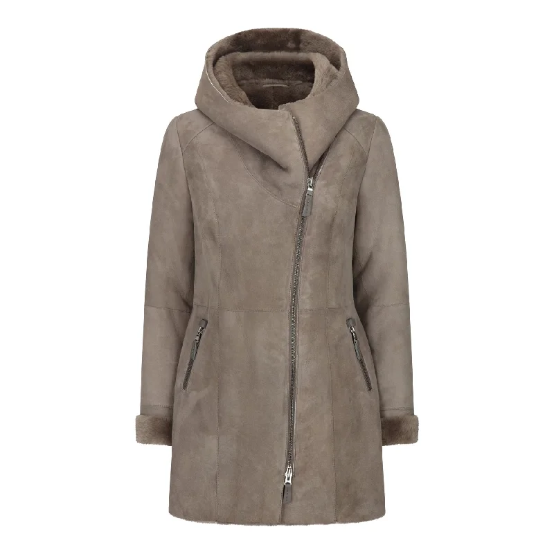 Relaxed Fashion Women's 3/4 Mid Length Sheepskin Beige Toscana Suede Hood Coat