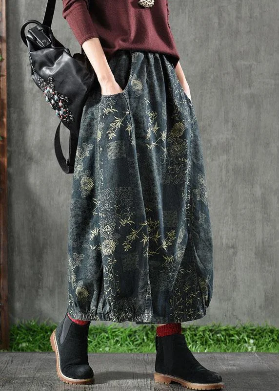 Easy Wear Chic Beautiful Floral Elastic Waist Pockets Denim Skirts