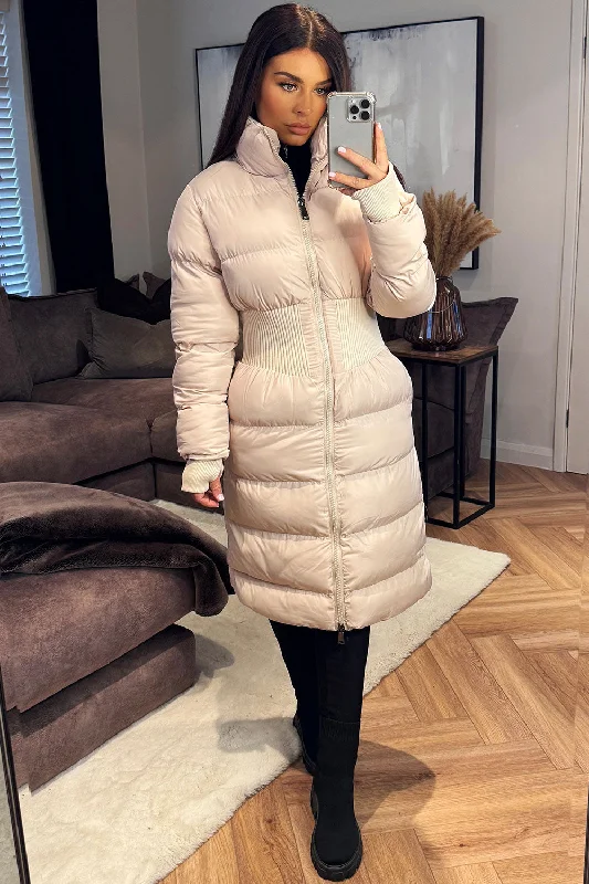 Soft Trends Puffer Padded Winter Coat With Contour Structured Detail Beige
